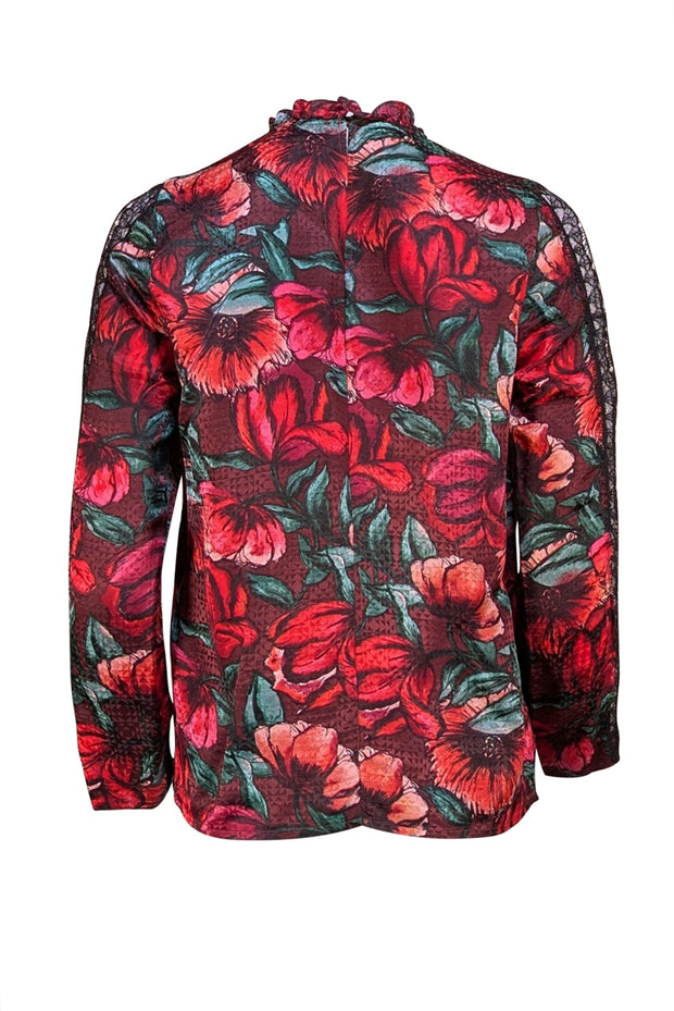 Sandro - Maroon Multi Floral Print w/ Lace Blouse Sz XS - Current Boutique