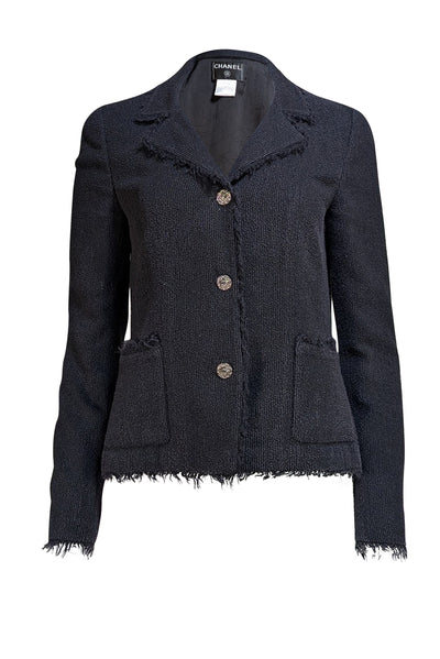 Chanel - Black Tweed Frayed Hem Blazer Sz 10