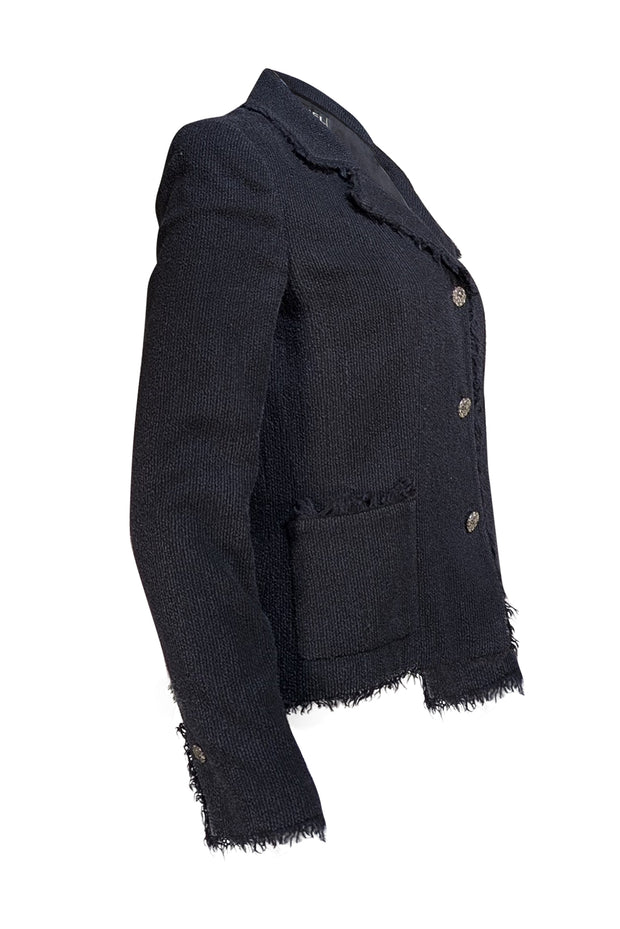 Chanel - Black Tweed Frayed Hem Blazer Sz 10