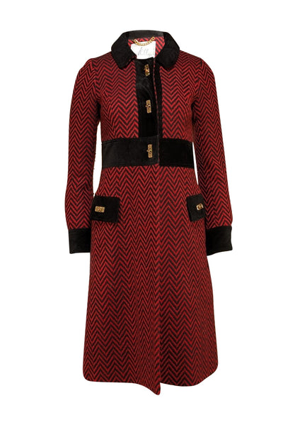 Milly - Red &n Black Chevron Print Wool Turn Lock Closure Coat Sz 4 - Current Boutique