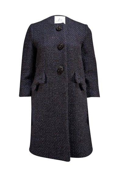 Milly - Navy Metallic Tweed Boucle Collarless Coat Sz 6 - Current Boutique