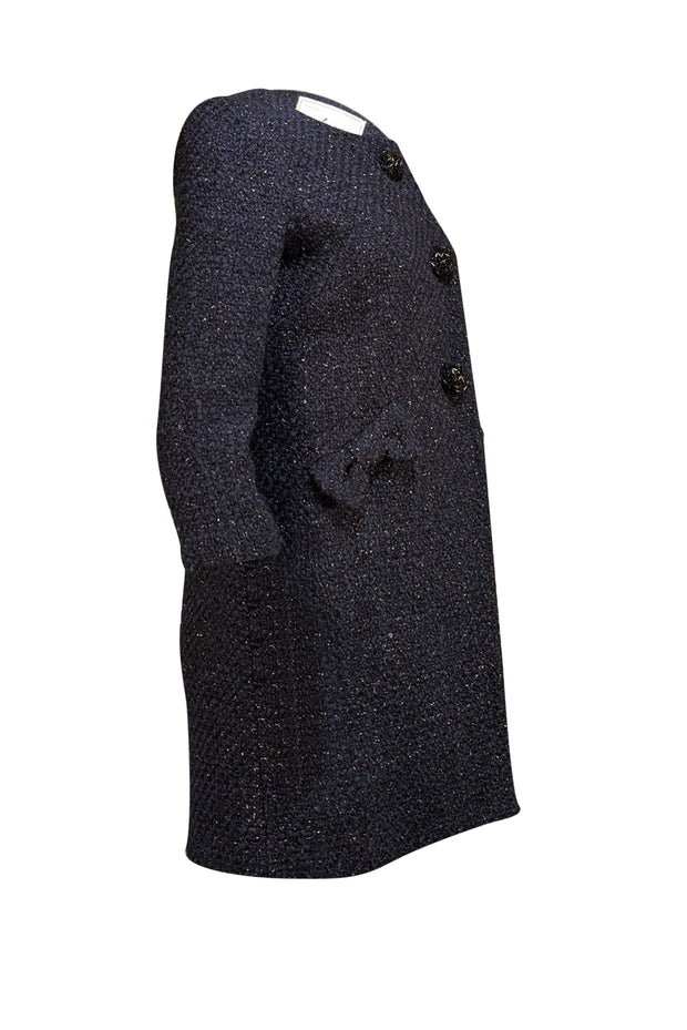 Milly - Navy Metallic Tweed Boucle Collarless Coat Sz 6 - Current Boutique