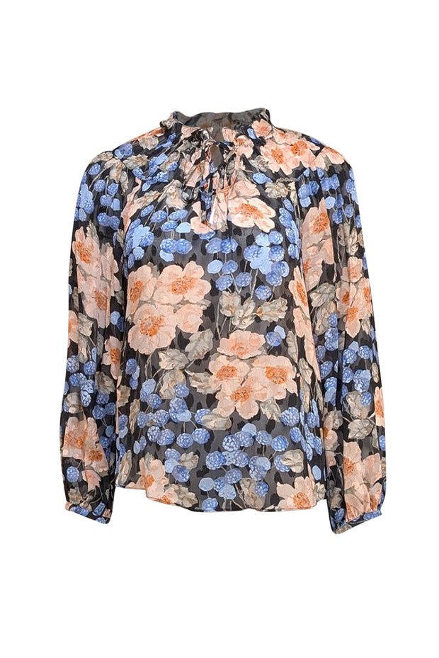Rebecca Taylor - Black, Peach, & Blue Floral Print Semi Sheer Top Sz 4 - Current Boutique