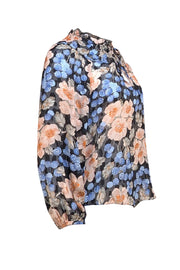 Rebecca Taylor - Black, Peach, & Blue Floral Print Semi Sheer Top Sz 4 - Current Boutique