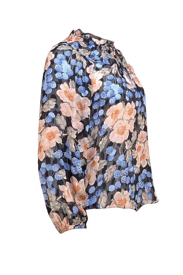 Rebecca Taylor - Black, Peach, & Blue Floral Print Semi Sheer Top Sz 4 - Current Boutique