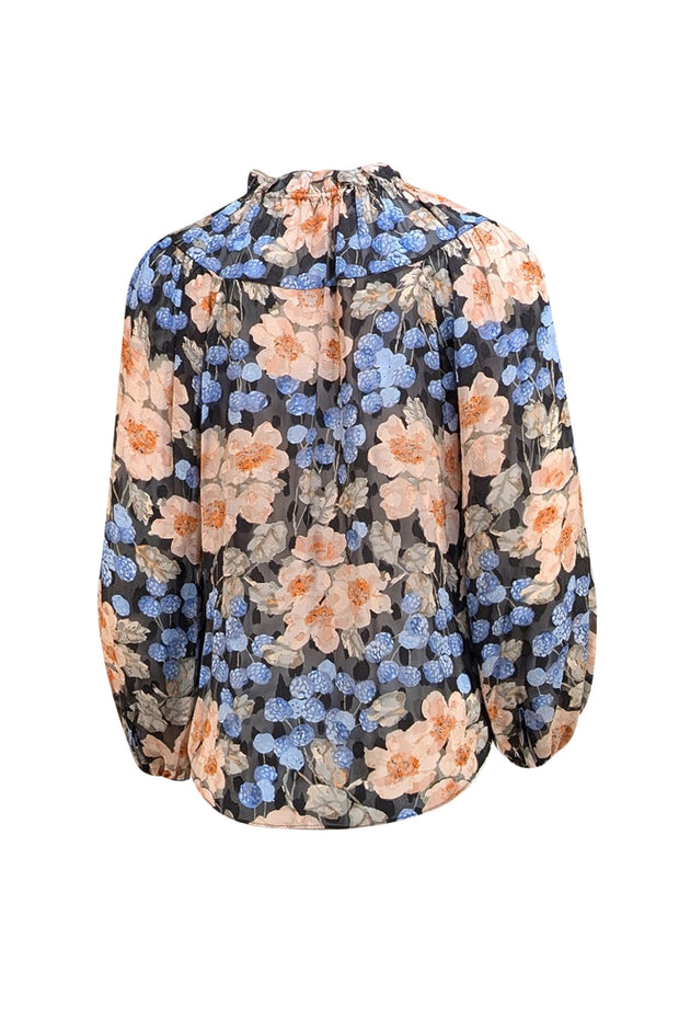 Rebecca Taylor - Black, Peach, & Blue Floral Print Semi Sheer Top Sz 4 - Current Boutique