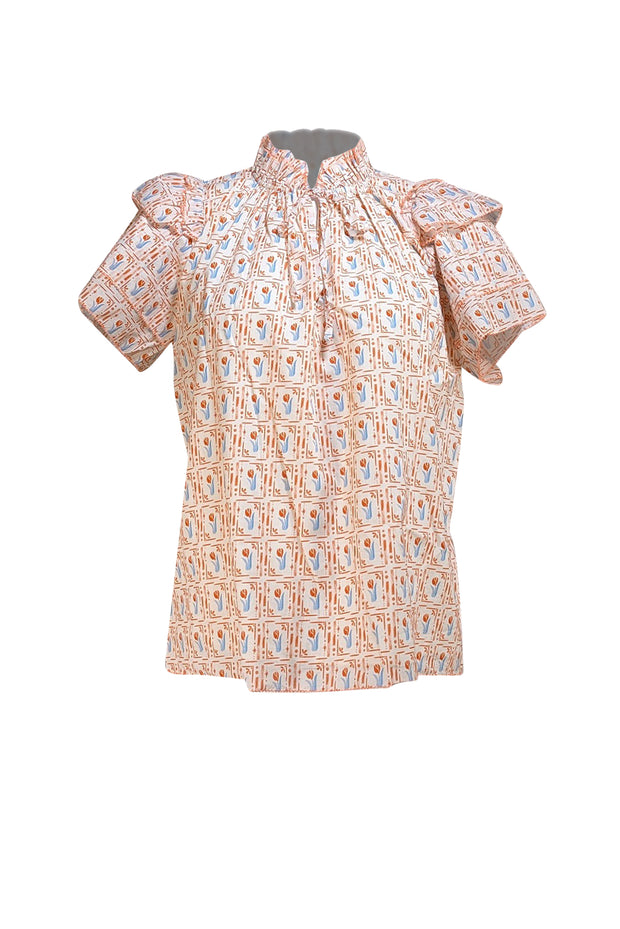 Hunter Bell - White, Orange, & Blue Tulip "Millie" Shirt Sz XS