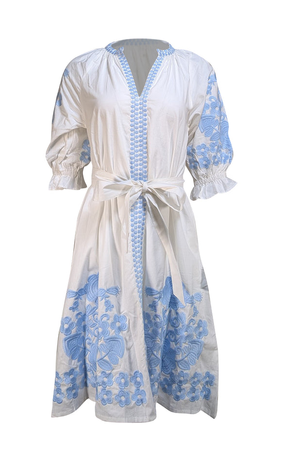 Julia Amory - White W/ Blue Embroidery "Coatue" Caftan Dress Sz S