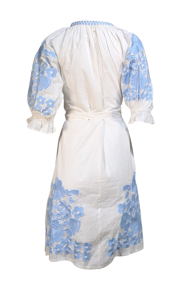 Julia Amory - White W/ Blue Embroidery "Coatue" Caftan Dress Sz S