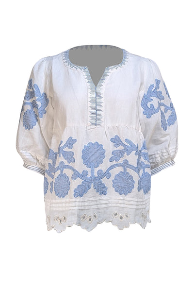 Rose & Rose - White Linen W/ Blue Floral Applique Sz S