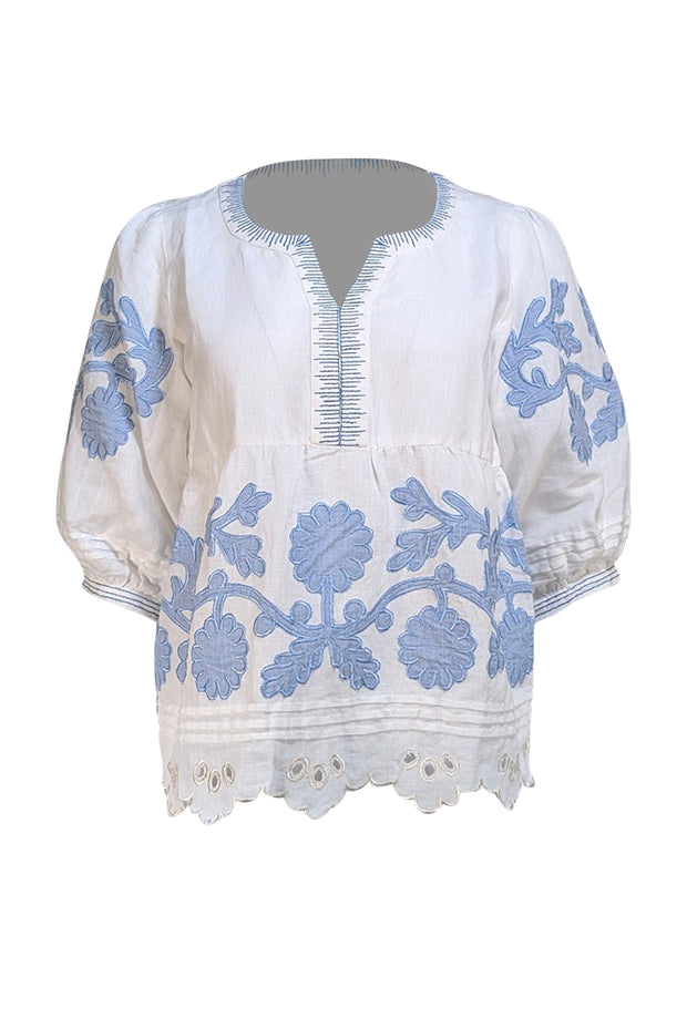 Rose & Rose - White Linen W/ Blue Floral Applique Sz S