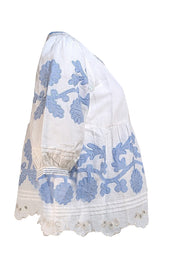 Rose & Rose - White Linen W/ Blue Floral Applique Sz S