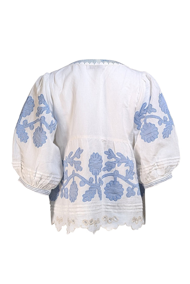 Rose & Rose - White Linen W/ Blue Floral Applique Sz S