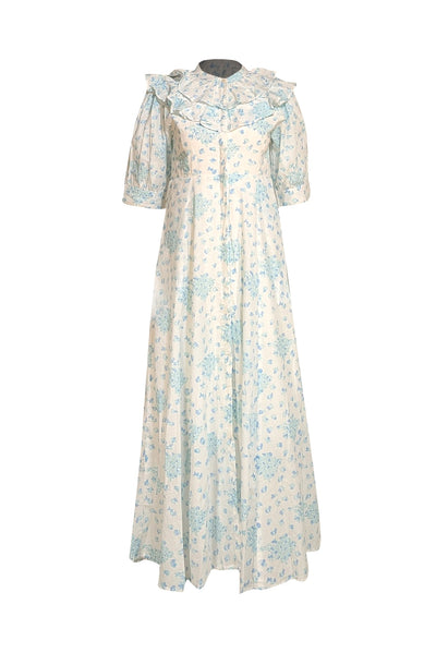 India Amory - White W/ Blue Floral Button Down Maxi Dress Sz S