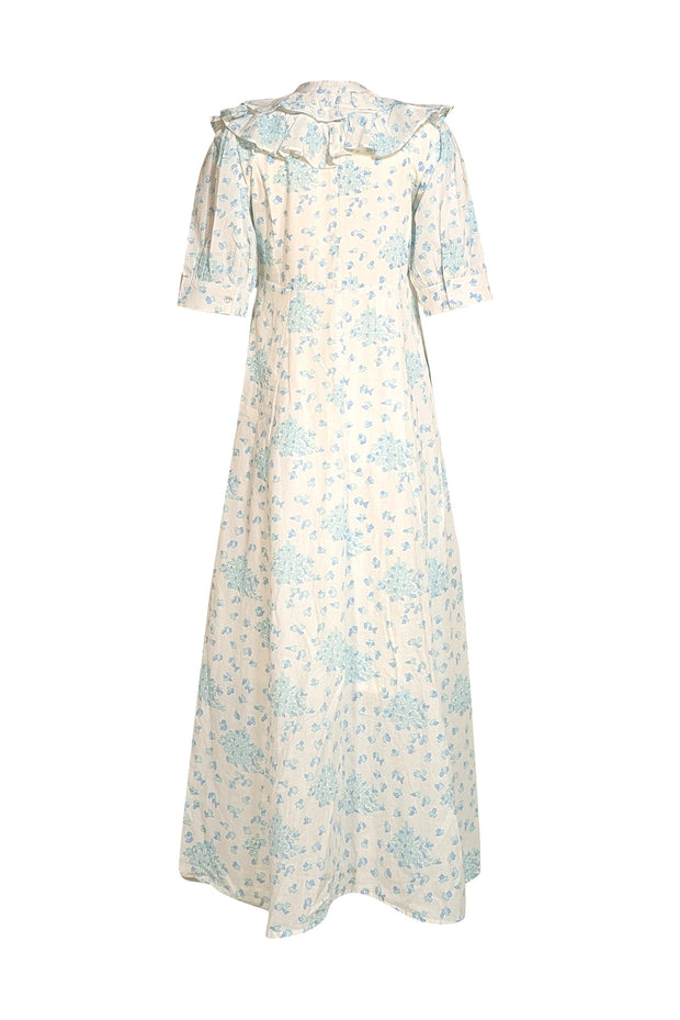 India Amory - White W/ Blue Floral Button Down Maxi Dress Sz S