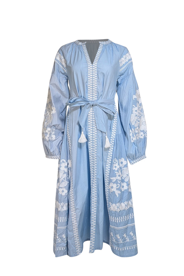 Julia Amory - Blue w/ White Embroidered Detail Dress Sz S