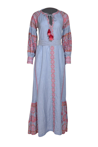 Rose and Rose - Blue w/ Pink & Gold Embroidered Trim Maxi Dress Sz XS