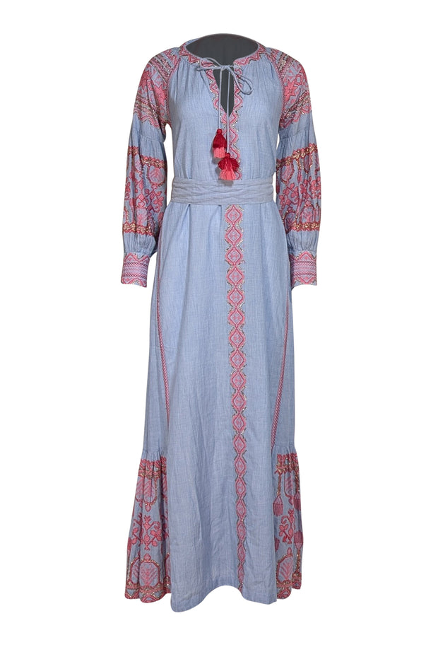 Rose and Rose - Blue w/ Pink & Gold Embroidered Trim Maxi Dress Sz XS