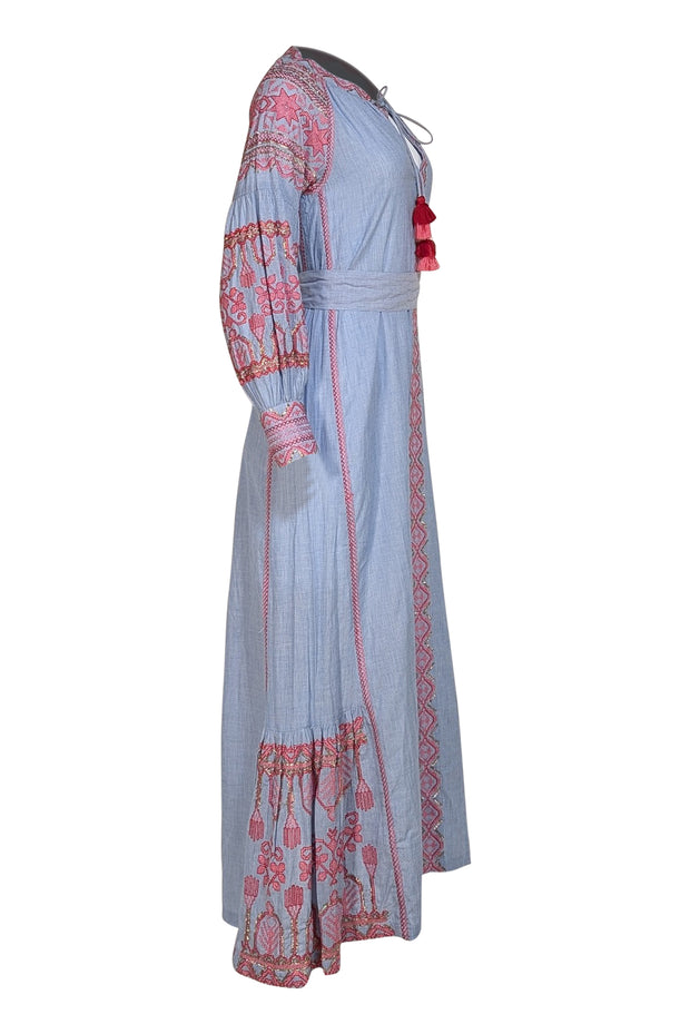Rose and Rose - Blue w/ Pink & Gold Embroidered Trim Maxi Dress Sz XS