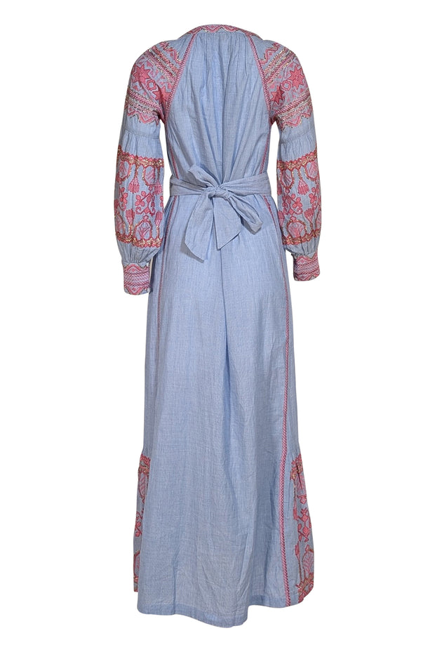 Rose and Rose - Blue w/ Pink & Gold Embroidered Trim Maxi Dress Sz XS