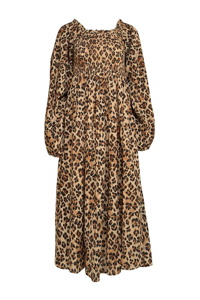 Mille - Tan Leopard Print Smocked Bodice Dress Sz XS