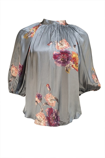 Rebecca Taylor - Blue Silk Floral Mock Neckline Blouse Sz 4