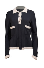 Chanel - Black Knit Quarter Button Sweater w/ Cream Trim Sz M - Current Boutique