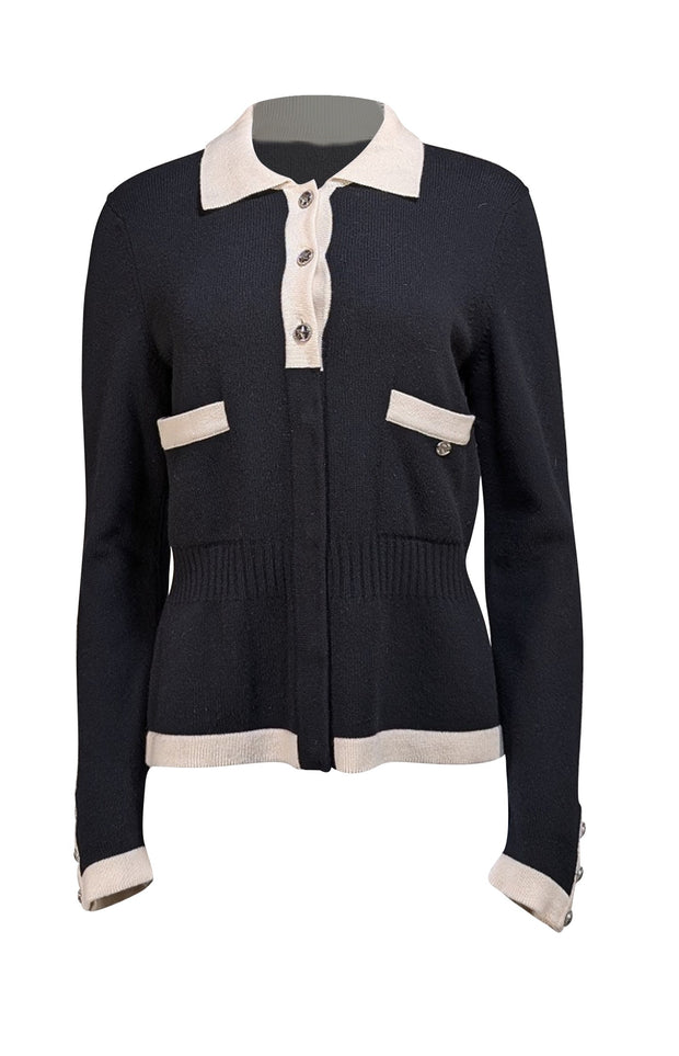 Chanel - Black Knit Quarter Button Sweater w/ Cream Trim Sz M - Current Boutique