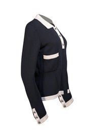 Chanel - Black Knit Quarter Button Sweater w/ Cream Trim Sz M - Current Boutique