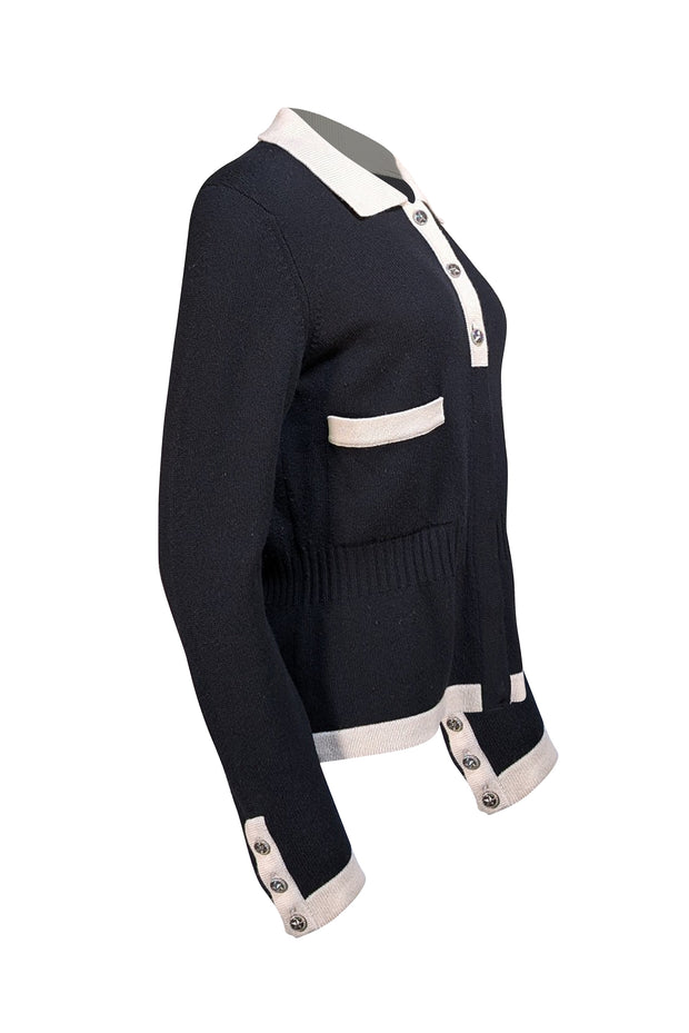 Chanel - Black Knit Quarter Button Sweater w/ Cream Trim Sz M - Current Boutique