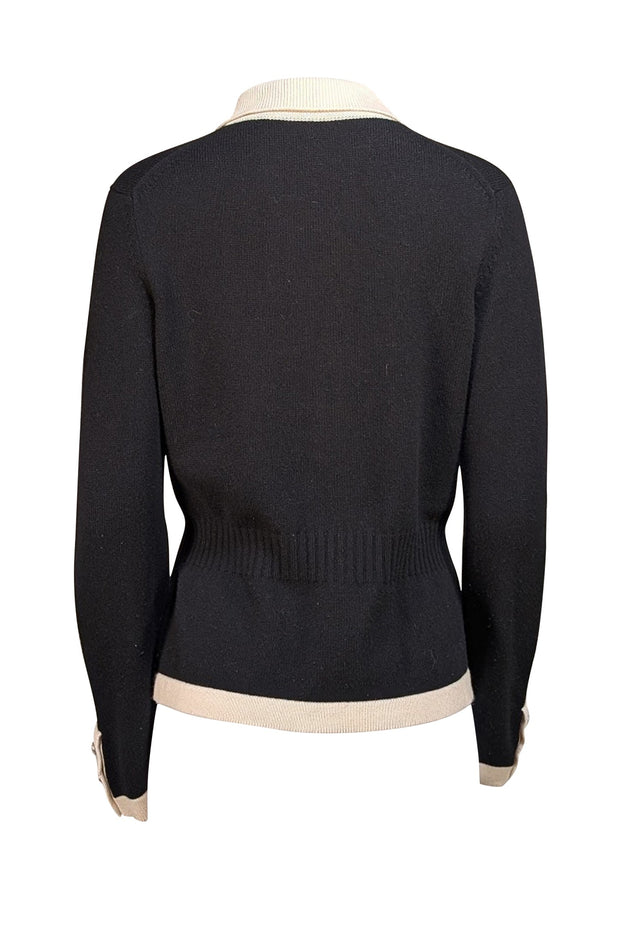 Chanel - Black Knit Quarter Button Sweater w/ Cream Trim Sz M - Current Boutique