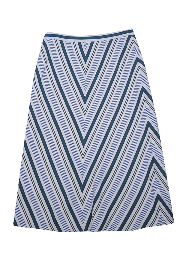 Tory Burch - Ivory, Green, & Blue Striped Midi Skirt Sz M - Current Boutique