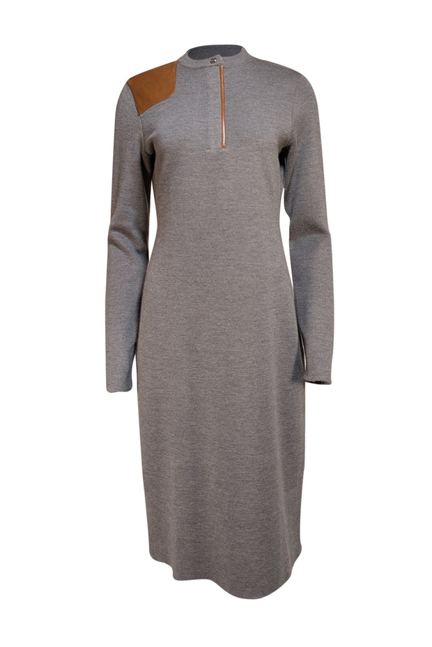 Ralph Lauren - Grey w/ Brown Leather Mini Sweater Dress Sz L - Current Boutique