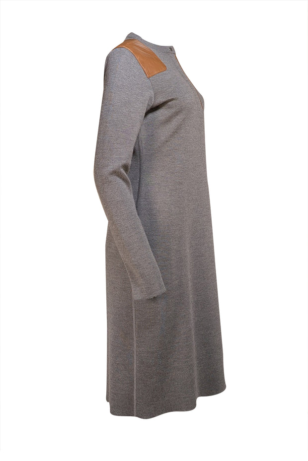 Ralph Lauren - Grey w/ Brown Leather Mini Sweater Dress Sz L - Current Boutique
