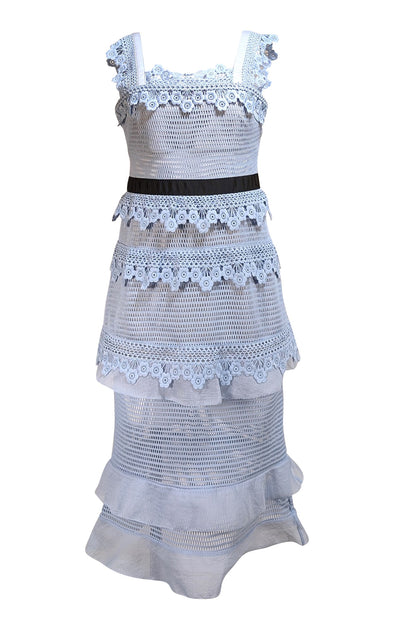 Self-Portrait - Light Blue Lace Tiered Midi Dress Sz 10