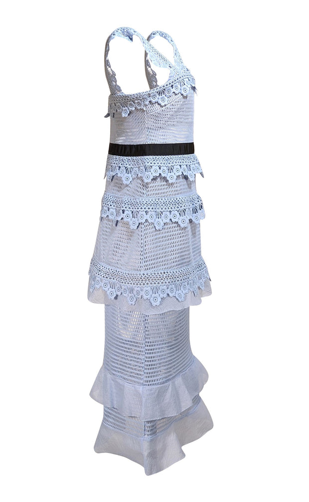Self-Portrait - Light Blue Lace Tiered Midi Dress Sz 10