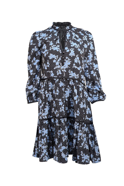 Veronica Beard - Black w/ Blue Floral & Polka Dot Print Silk Blend Dress Sz 2 - Current Boutique