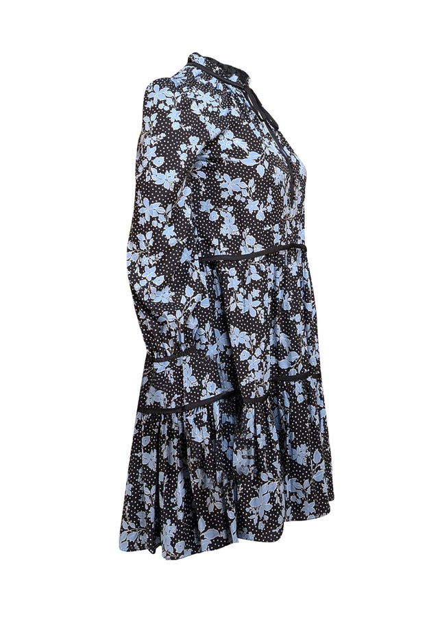 Veronica Beard - Black w/ Blue Floral & Polka Dot Print Silk Blend Dress Sz 2 - Current Boutique