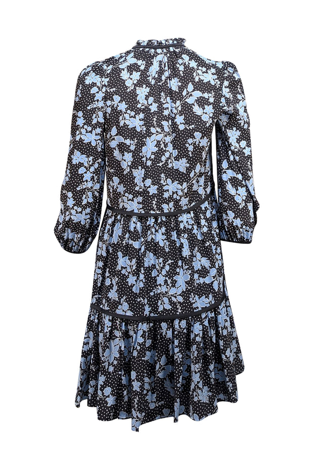Veronica Beard - Black w/ Blue Floral & Polka Dot Print Silk Blend Dress Sz 2 - Current Boutique