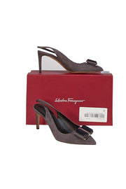 Ferragamo - Dark Taupe Brown Suede Bow Toe Slingback Heels Sz 8.5 - Current Boutique