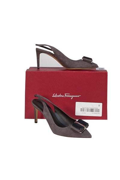 Ferragamo - Dark Taupe Brown Suede Bow Toe Slingback Heels Sz 8.5 - Current Boutique