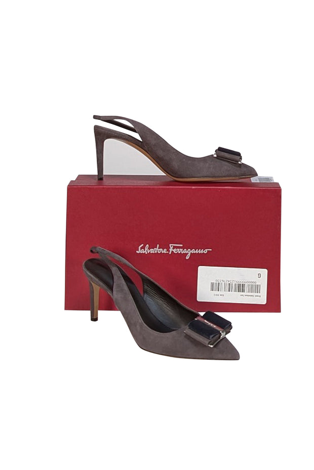 Ferragamo - Dark Taupe Brown Suede Bow Toe Slingback Heels Sz 8.5 - Current Boutique