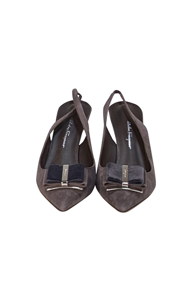 Ferragamo - Dark Taupe Brown Suede Bow Toe Slingback Heels Sz 8.5 - Current Boutique