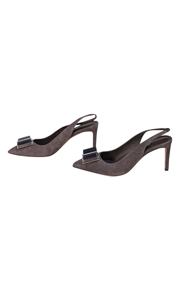 Ferragamo - Dark Taupe Brown Suede Bow Toe Slingback Heels Sz 8.5 - Current Boutique