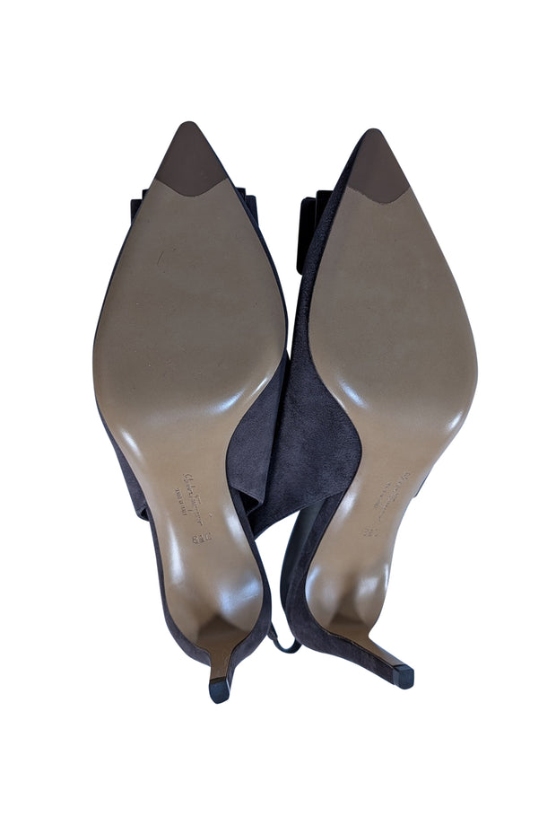 Ferragamo - Dark Taupe Brown Suede Bow Toe Slingback Heels Sz 8.5 - Current Boutique