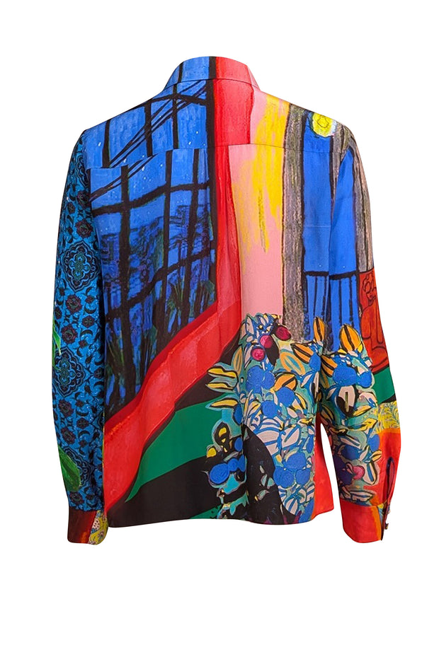 Alice & Olivia - Blue Multi Print Silk Button Down Shirt Sz L - Current Boutique