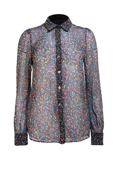 Diane von Furstenberg - Black & Multicolor Speckled Semi Sheer Blouse Sz 8