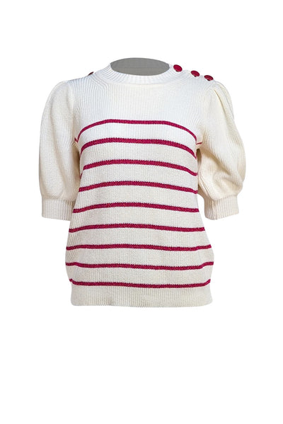 Ba&sh - Cream & Red Metallic Striped Puff Sleeve Sweater Sz S - Current Boutique