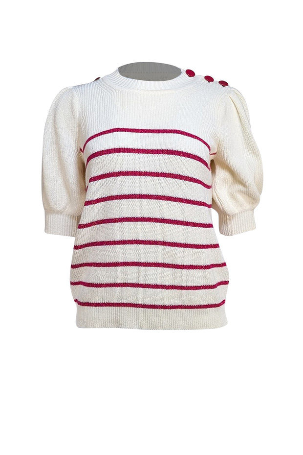 Ba&sh - Cream & Red Metallic Striped Puff Sleeve Sweater Sz S - Current Boutique