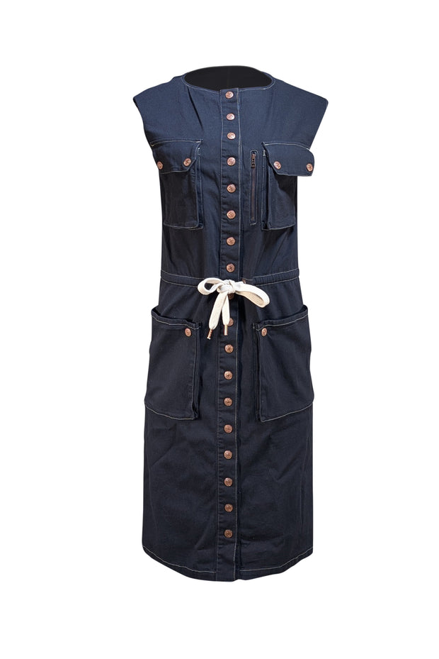 See by Chloe - Dark Wash Denim Button Front Cap Sleeve Dress Sz 6 - Current Boutique